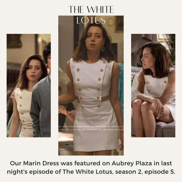 WornOnTV: Harper's white cutout mini dress with buttons on The White Lotus, Aubrey Plaza