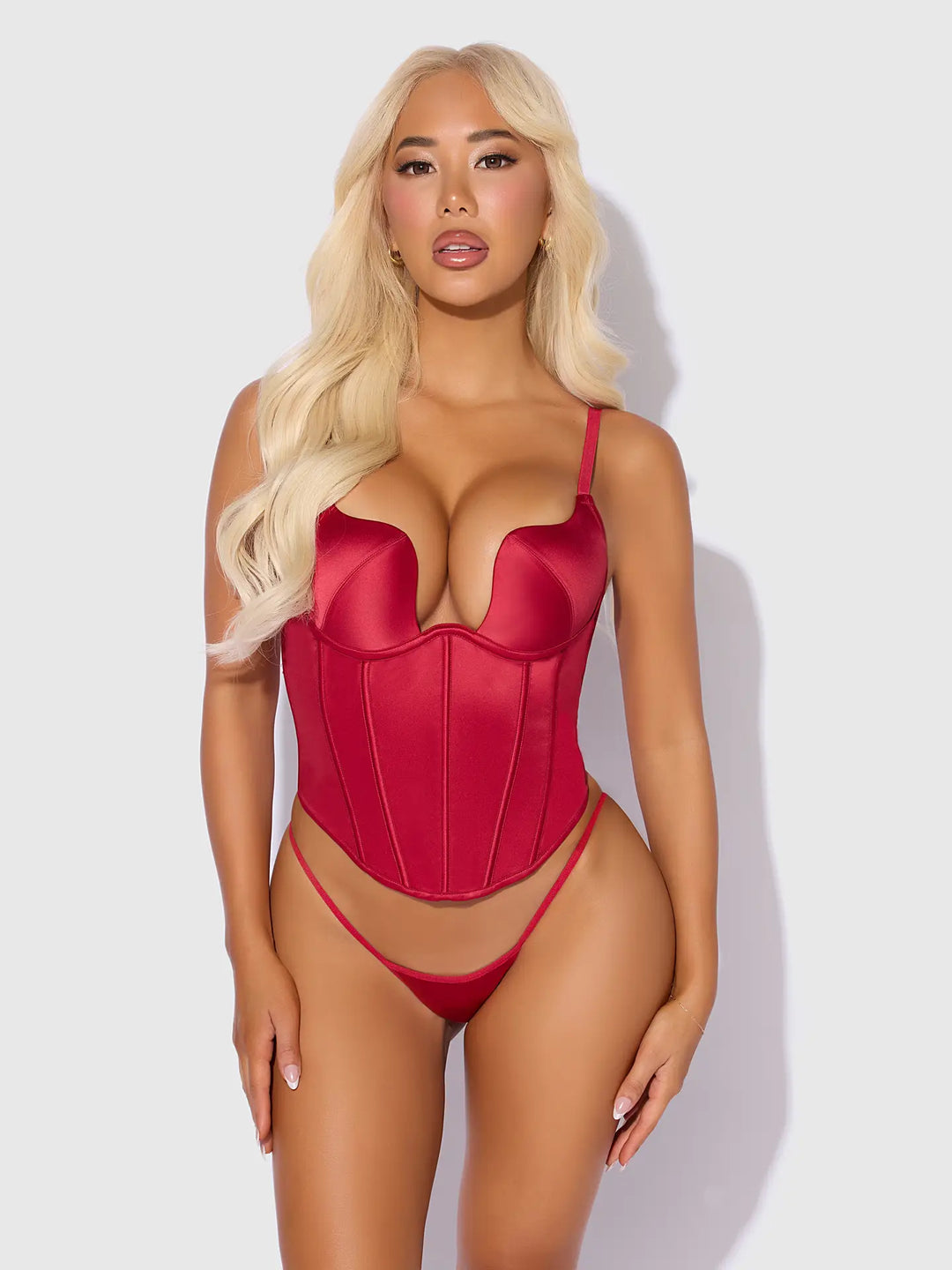 Brigeta Satin Plunge Push Up Bustier &amp; G-String Set