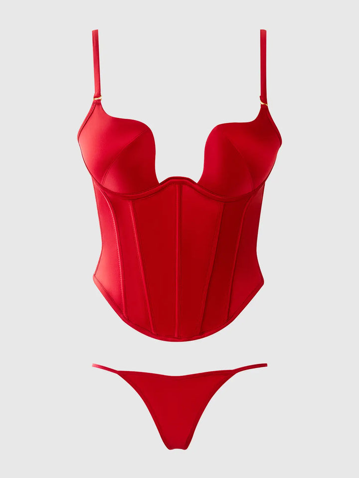 Brigeta Satin Plunge Push Up Bustier &amp; G-String Set