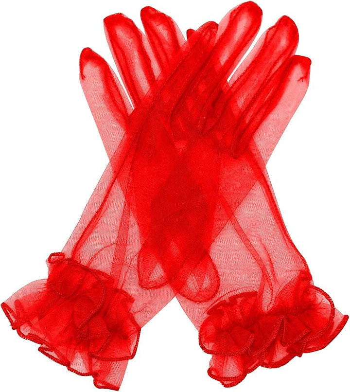 Scarlet Seduction Red Sheer Mesh Ruffle Gloves