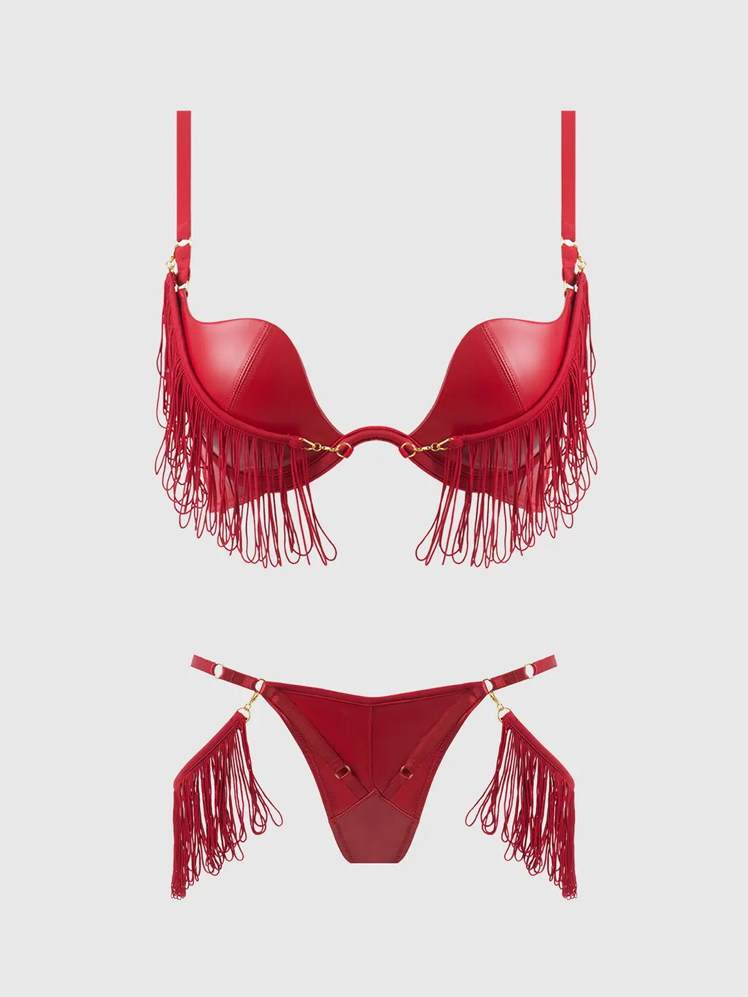 Phoenix Faux Leather &amp; Fringe Push Up Bra &amp; Thong Set