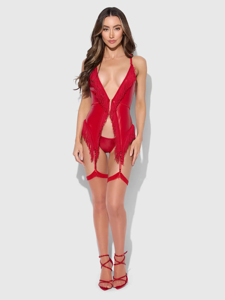 Phoenix Faux Leather &amp; Fringe Chemise &amp; G-String Set