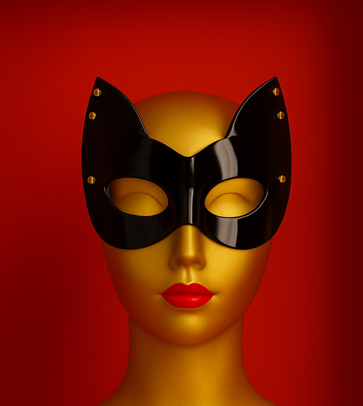 Black cat-eye mask on a gold mannequin head with red lips against a red background