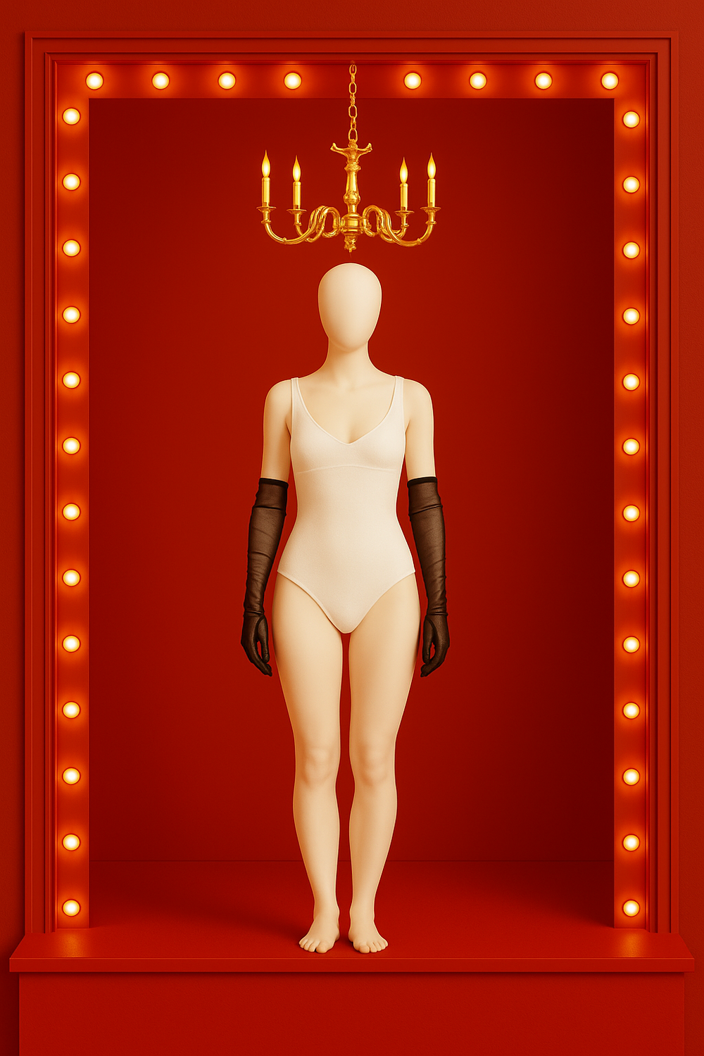 Mannequin wearing a white bodysuit and black Opera Length Tulle Gloves in a red frame with Hollywood lights and a gold chandelier window display