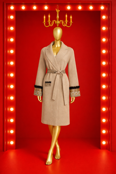 Embellished Trim Belted Coat - Tan