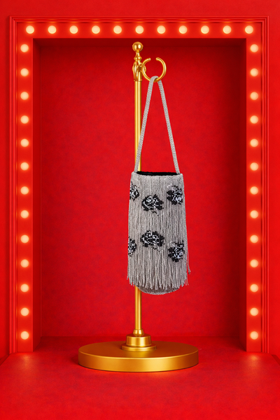 Floral Beaded Fringe Purse - Silver