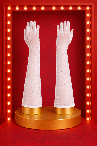 Rhinestone Mesh Opera Length Gloves - White