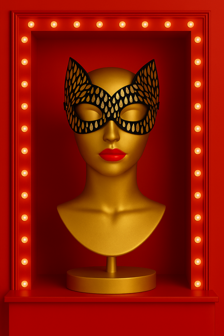 Mannequin head wearing a black mask with red lips against a red background with lights