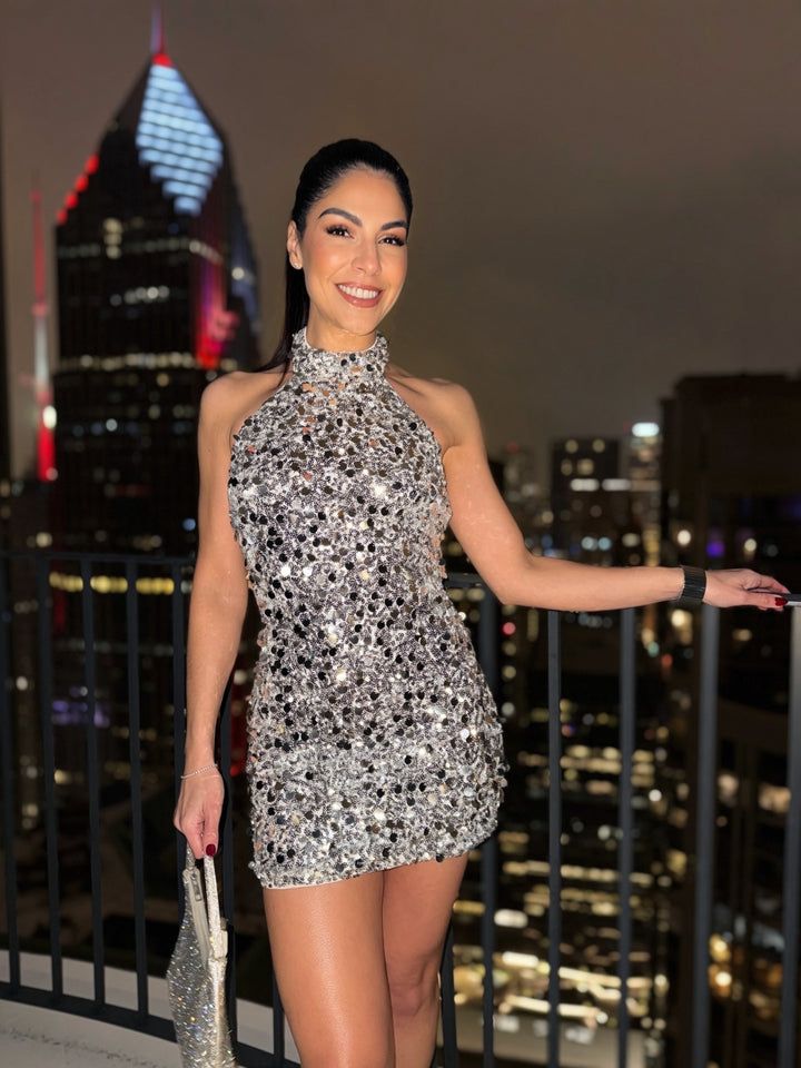 Sequin Halter Mini Dress - Silver