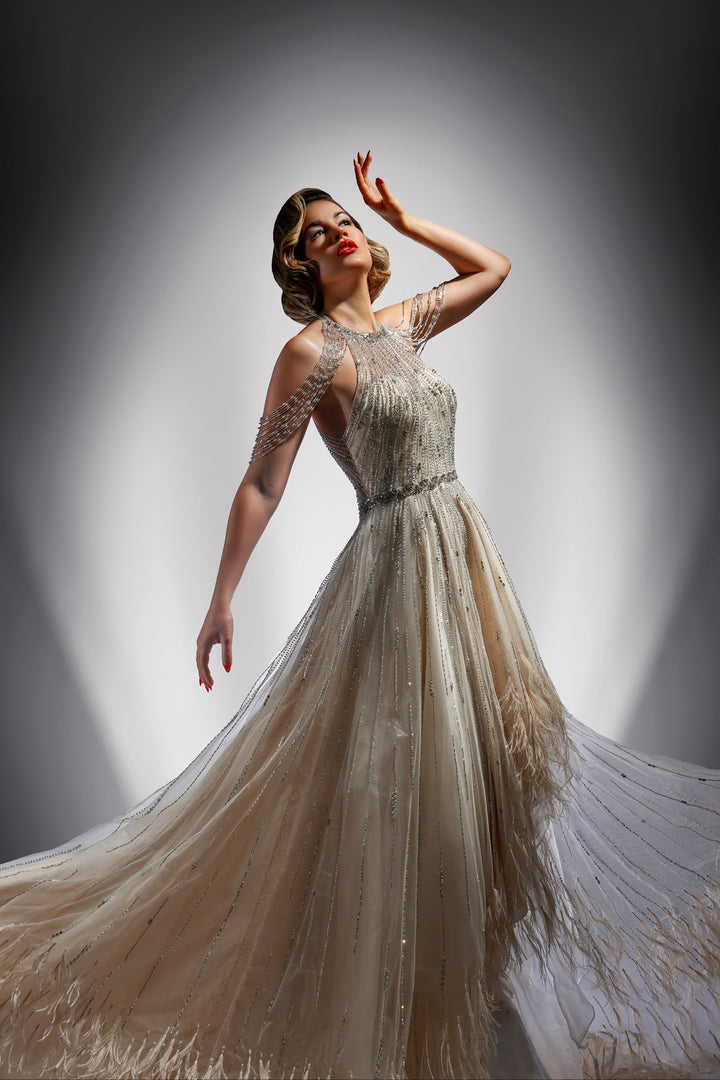 Beaded &amp; Feather Hi Low Gown