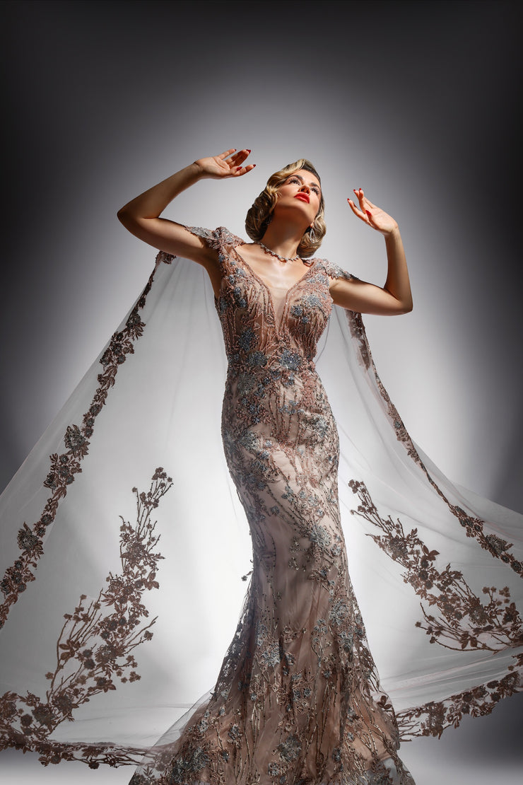 Beaded Floral Gown with Cape