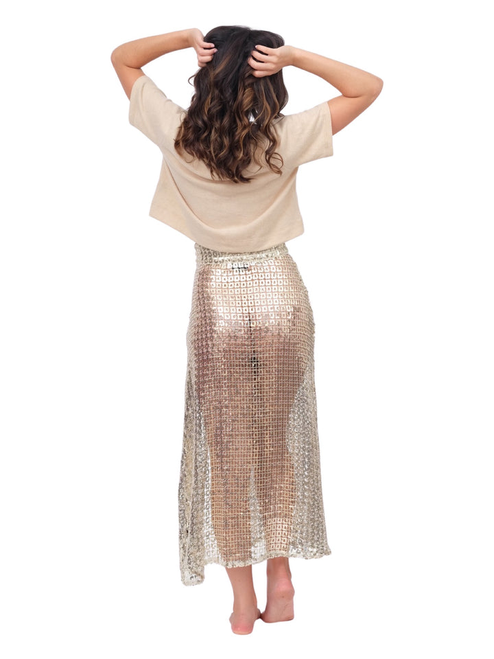 Square Sequin Side Slit Skirt - Gold