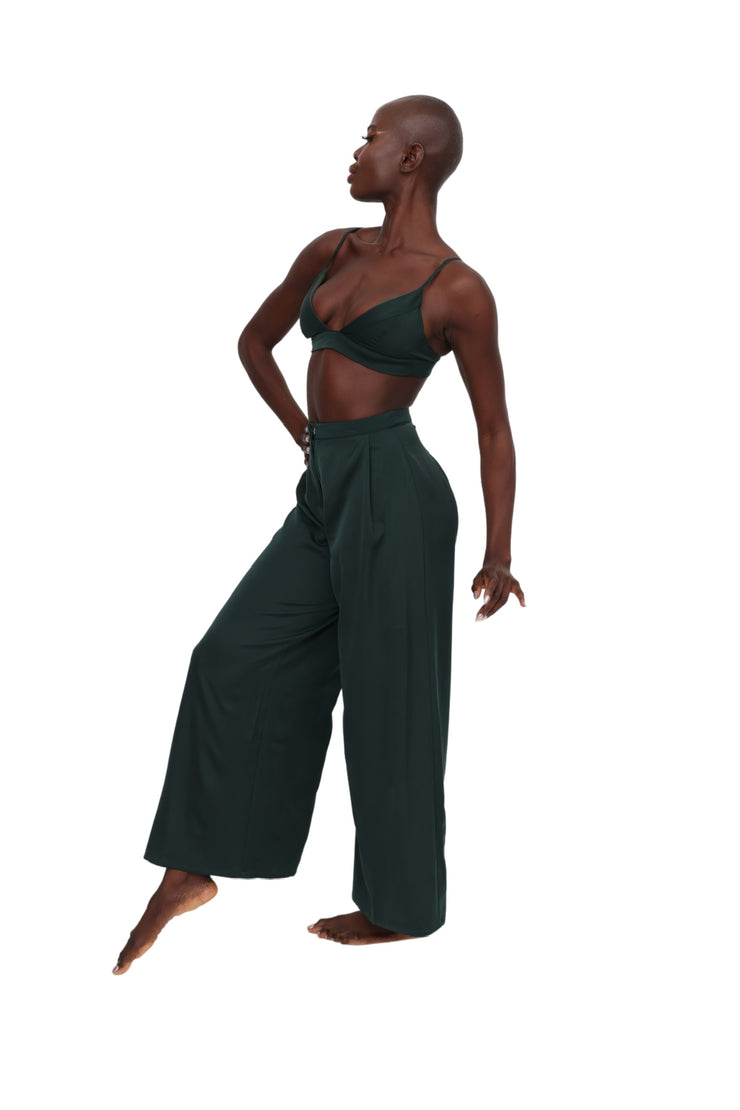 Satin Palazzo Pants - Dark Green