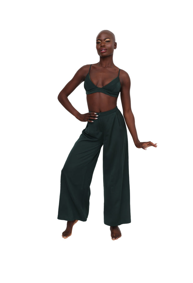 Satin Palazzo Pants - Dark Green