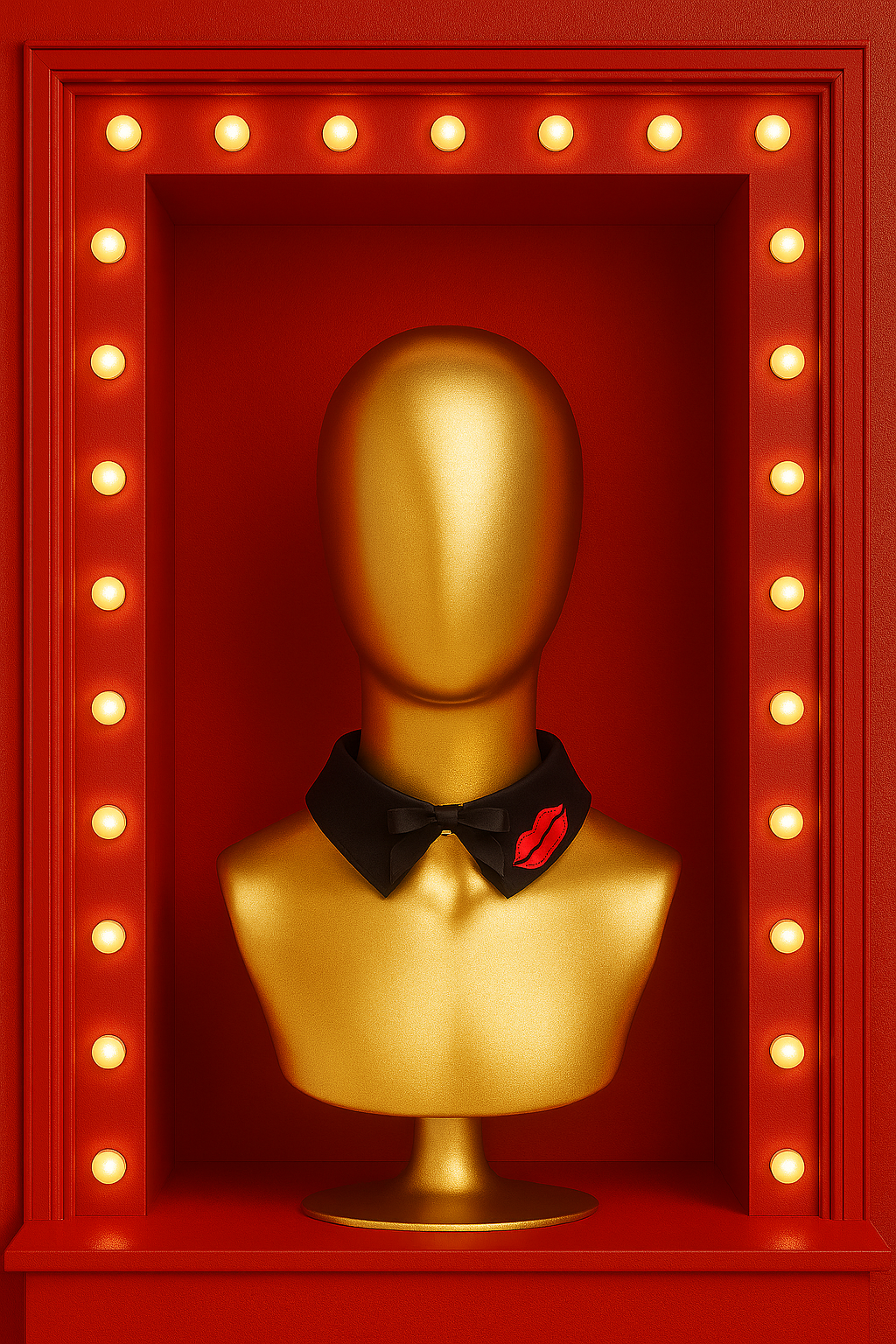 Gold bust with a black bow tie and red lips in a red frame with lights