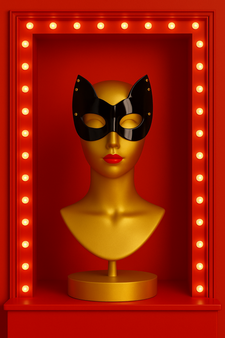 Gold Mannequin head with black cat mask on a red background with Hollywood light bulbs