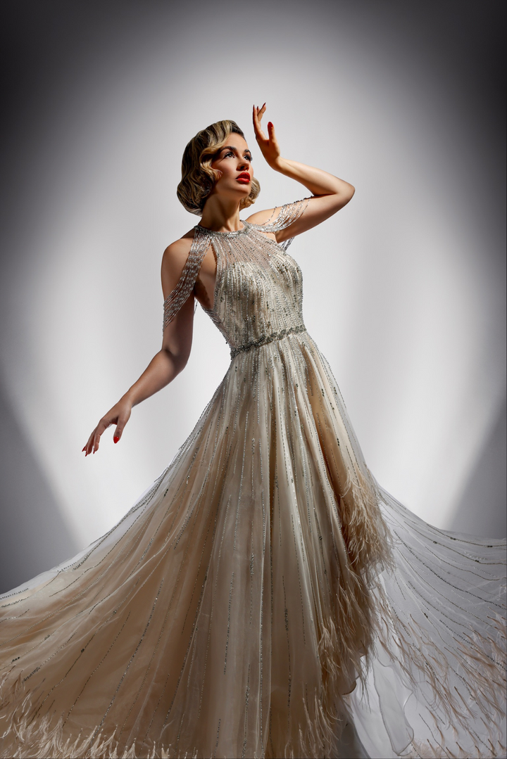 Beaded &amp; Feather Hi Low Gown