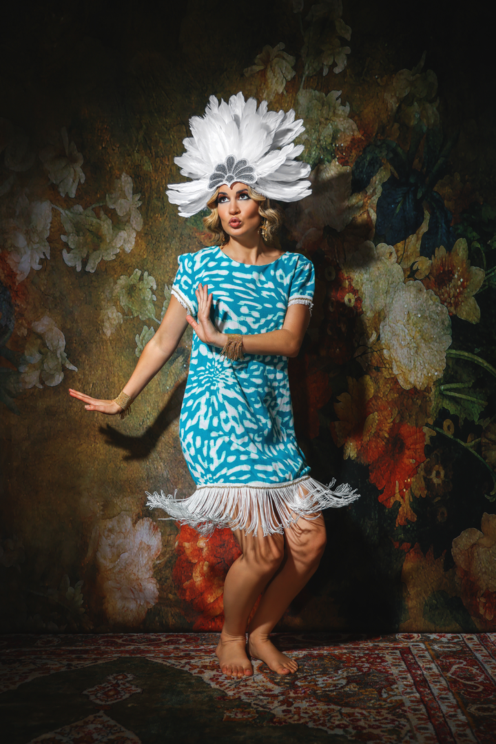 Teal &amp; White Fringe Dress