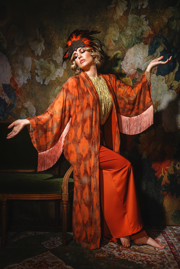 Fringe Stampa Kimono - Orange