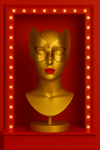 Gold mask on a bust in a red frame with lights