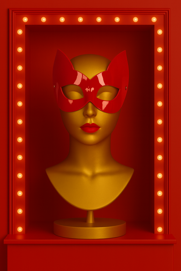 Red mask on a gold bust against a red background with light bulbs