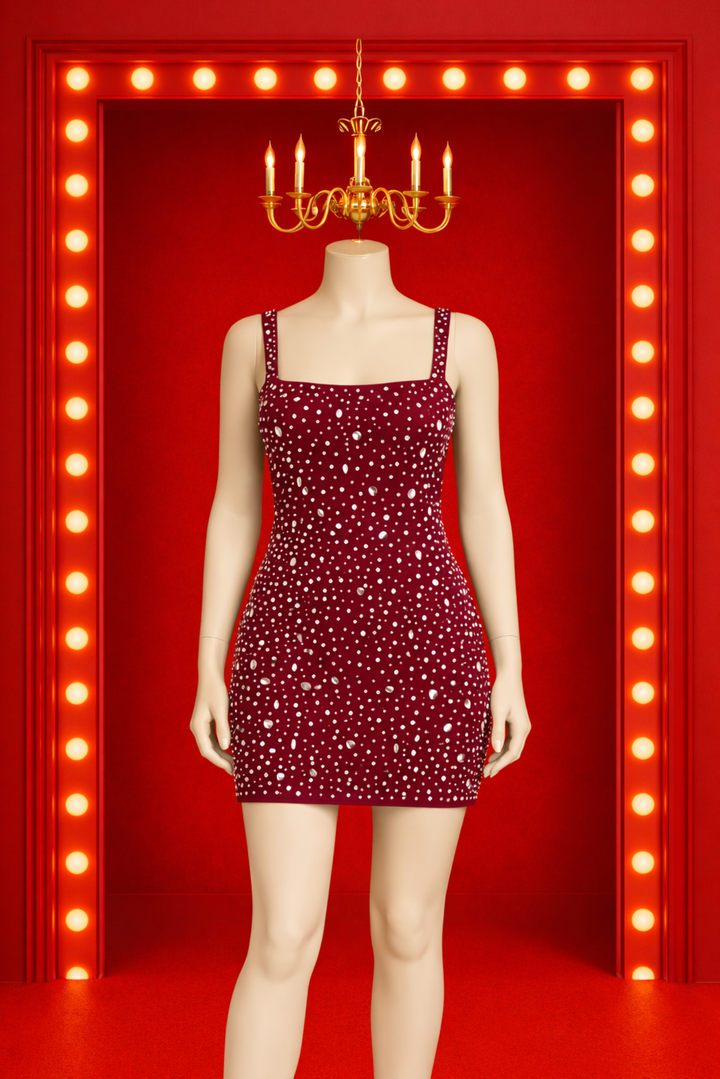 Sparkling Rhinestone Halter Bodycon Mini Dress - Burgundy