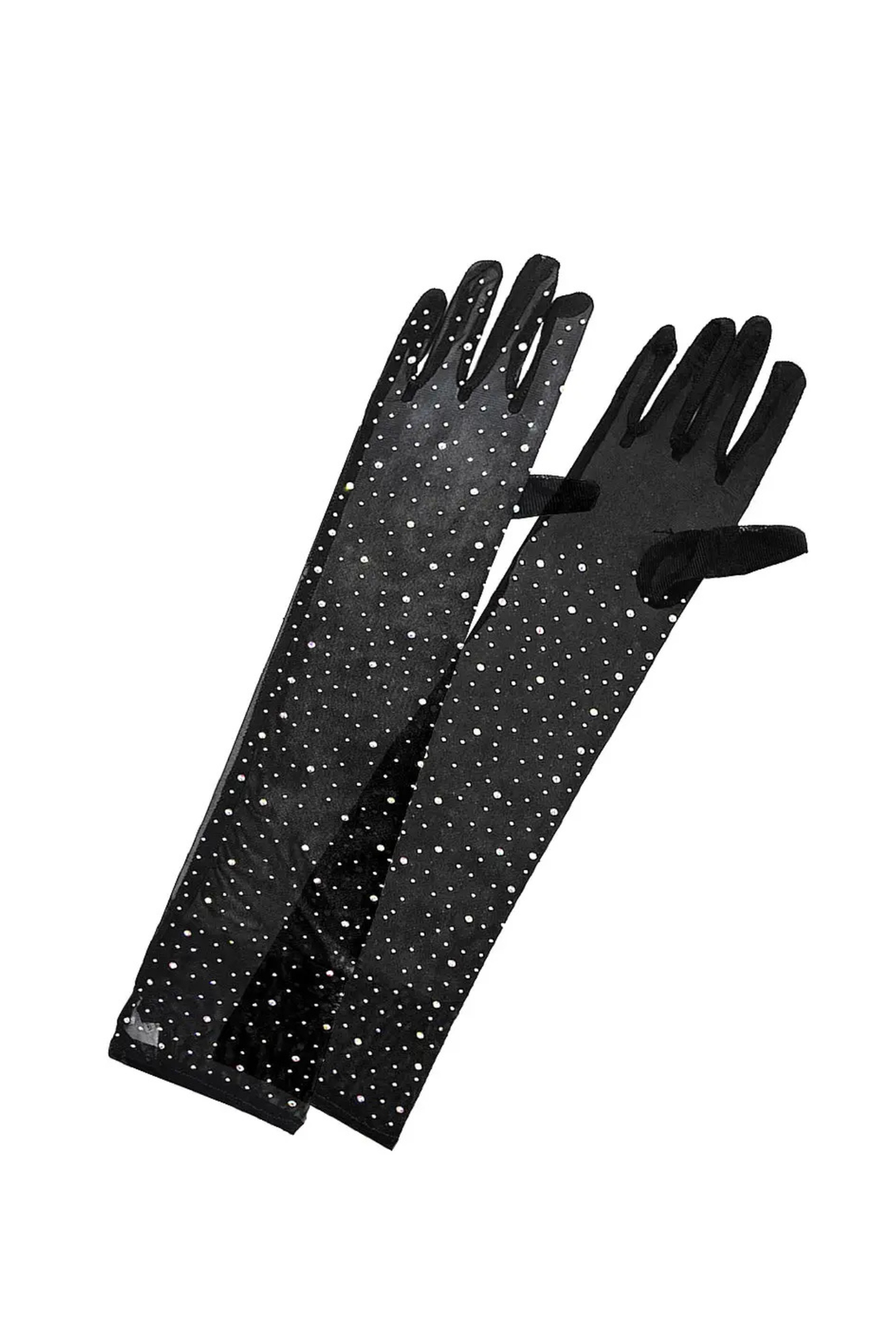 Rhinestone Mesh Opera Length Gloves - Black