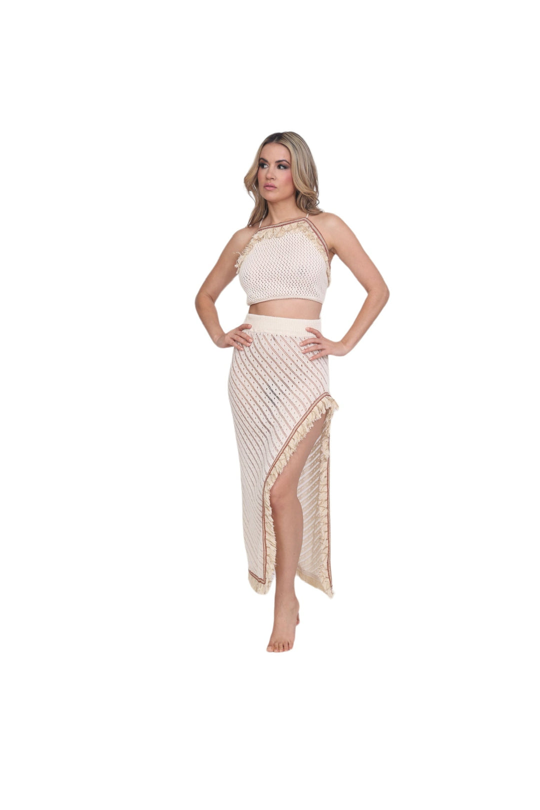 Knit Maxi Skirt with Fringe - Naturale
