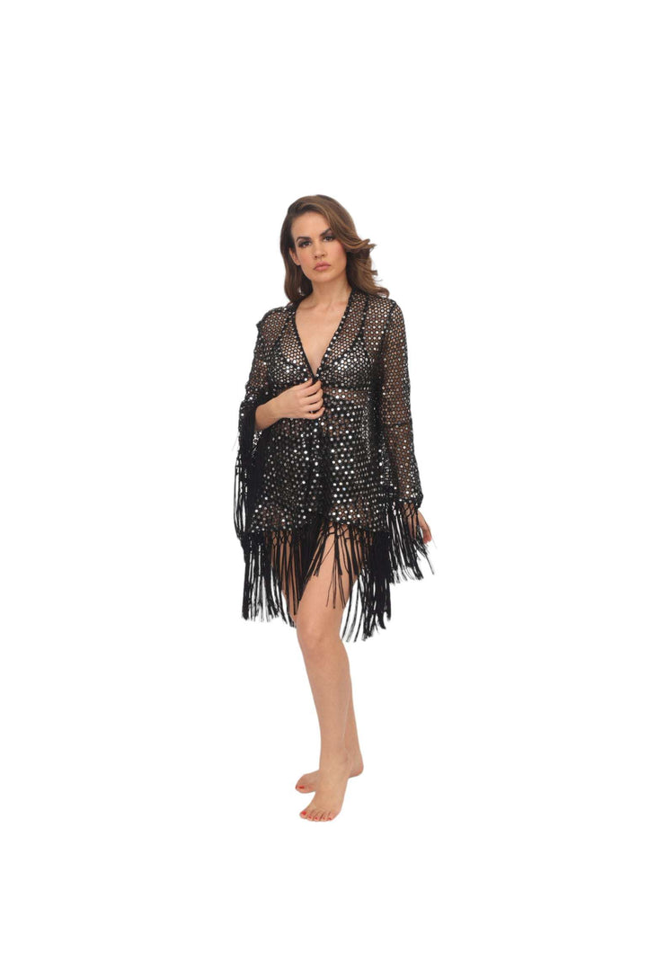 Black Crochet &amp; Mirror Coverup Cardigan