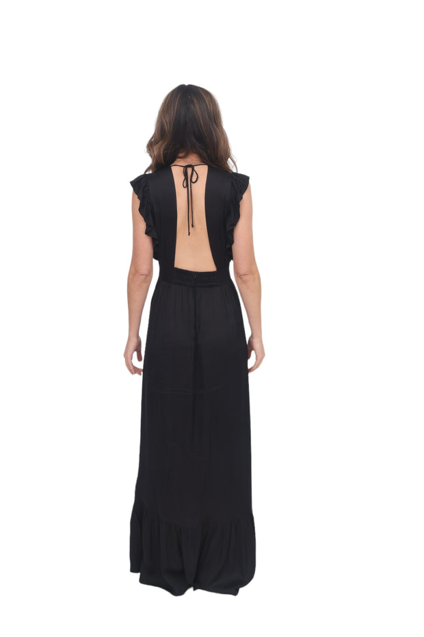 Flutter Sleeve Plunge Front Maxi Dress - Black