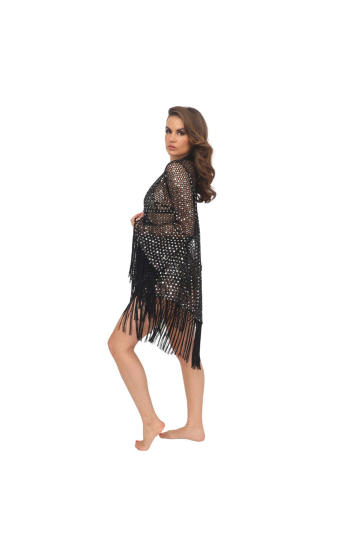 Black Crochet &amp; Mirror Coverup Cardigan