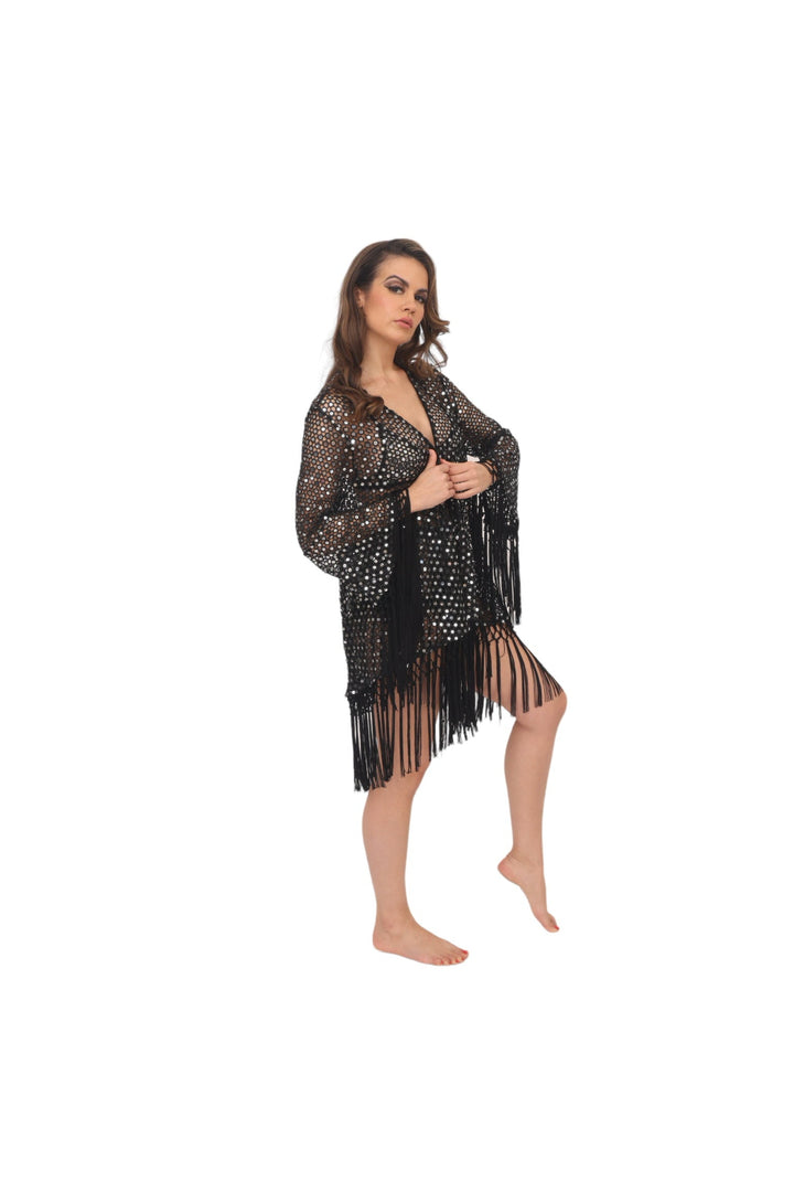 Black Crochet &amp; Mirror Coverup Cardigan