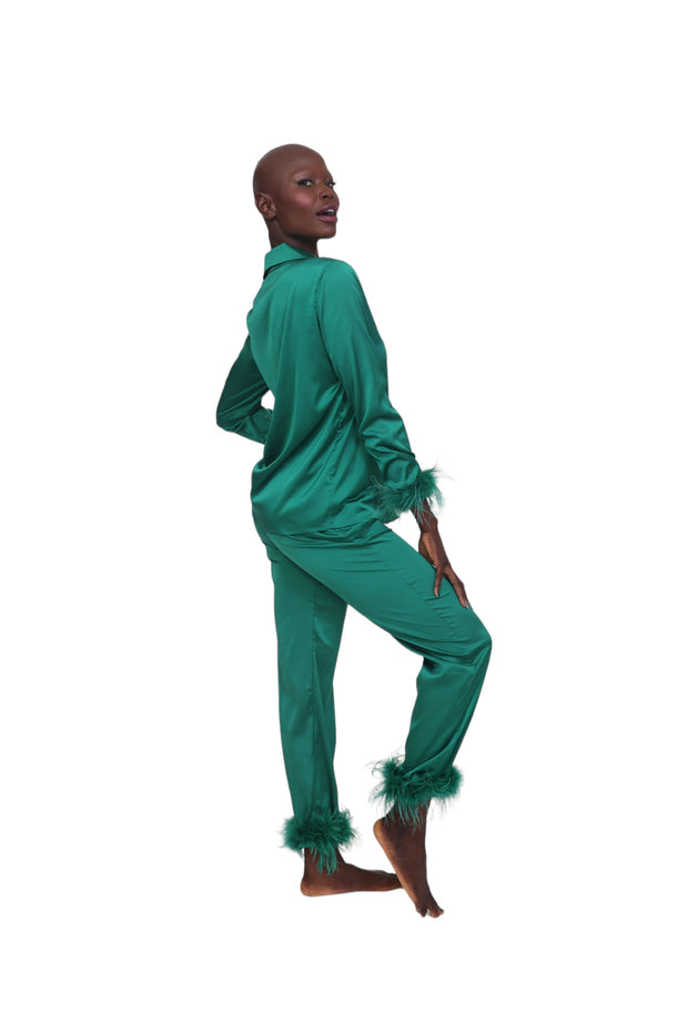 Satin and Feather Pajama Top - Green