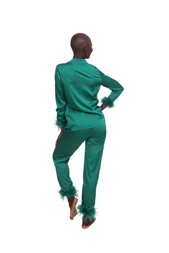 Satin and Feather Pajama Bottoms - Green