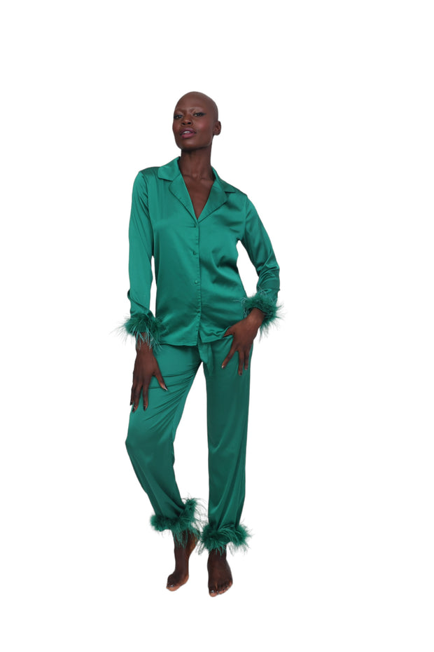 Satin and Feather Pajama Top - Green