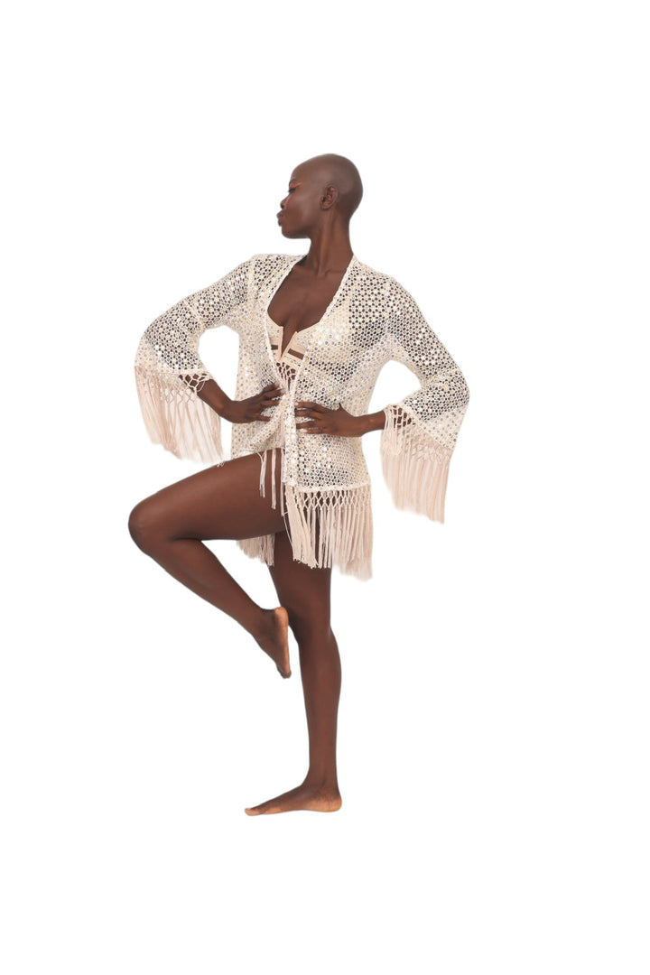 Ivory Crochet &amp; Mirror Coverup Cardigan