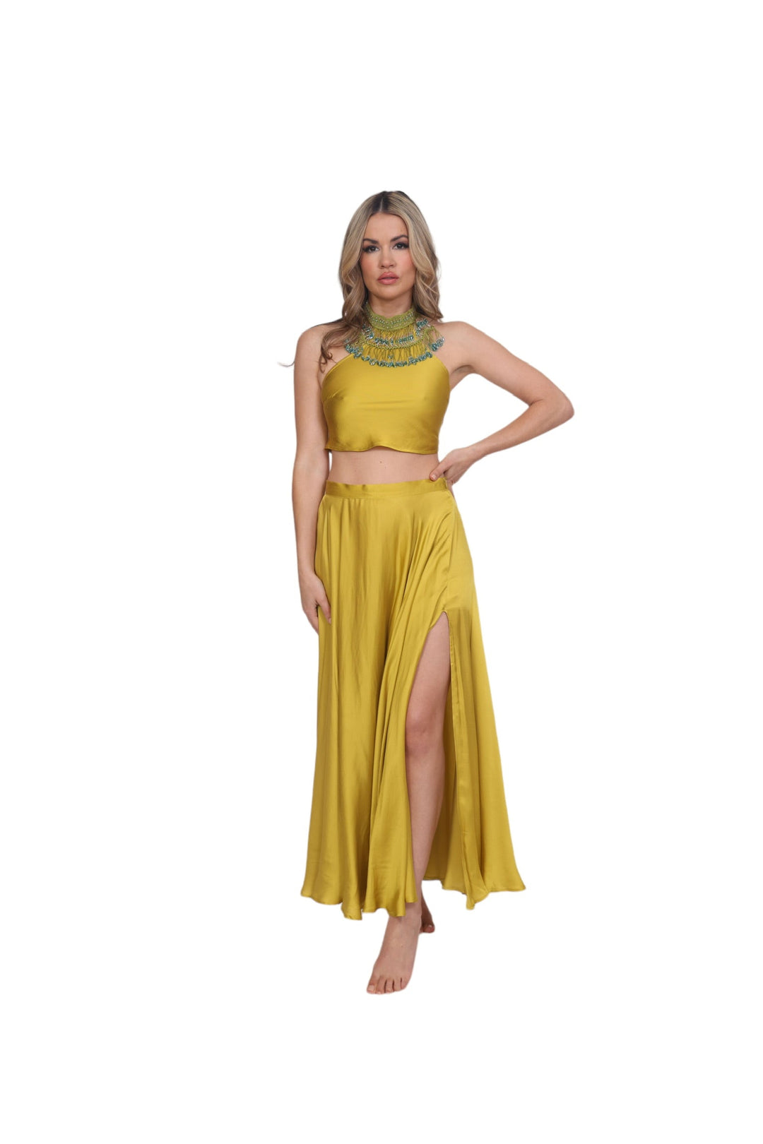 Antique Moss Satin &amp; Beaded Crop Top