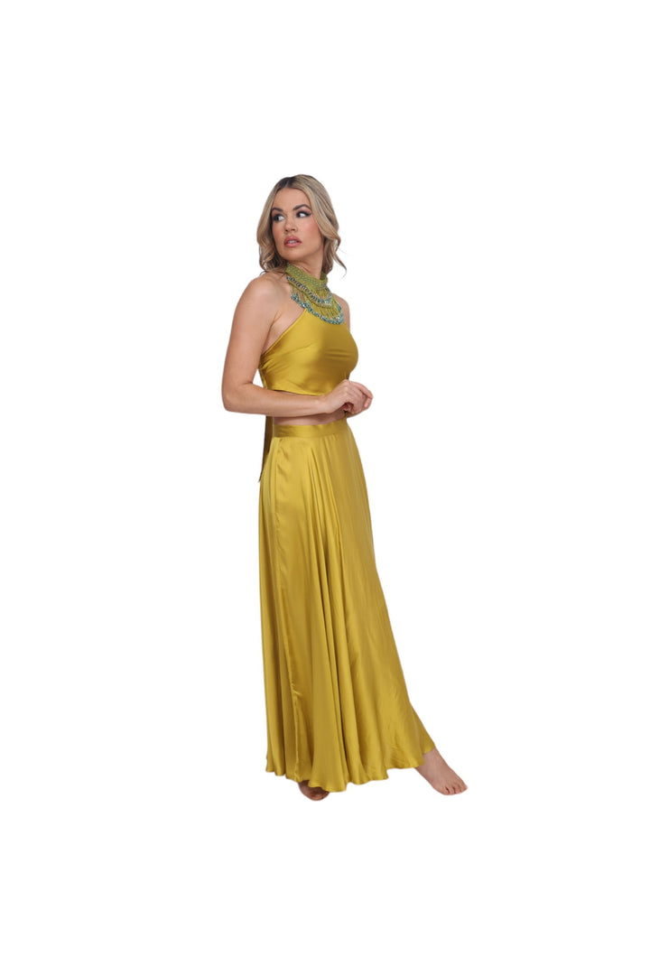 Antique Moss Satin &amp; Beaded Crop Top