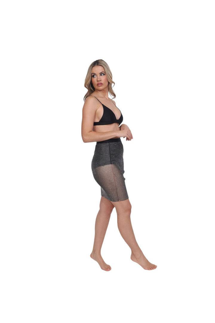 Mesh Rhinestone Skirt - Black
