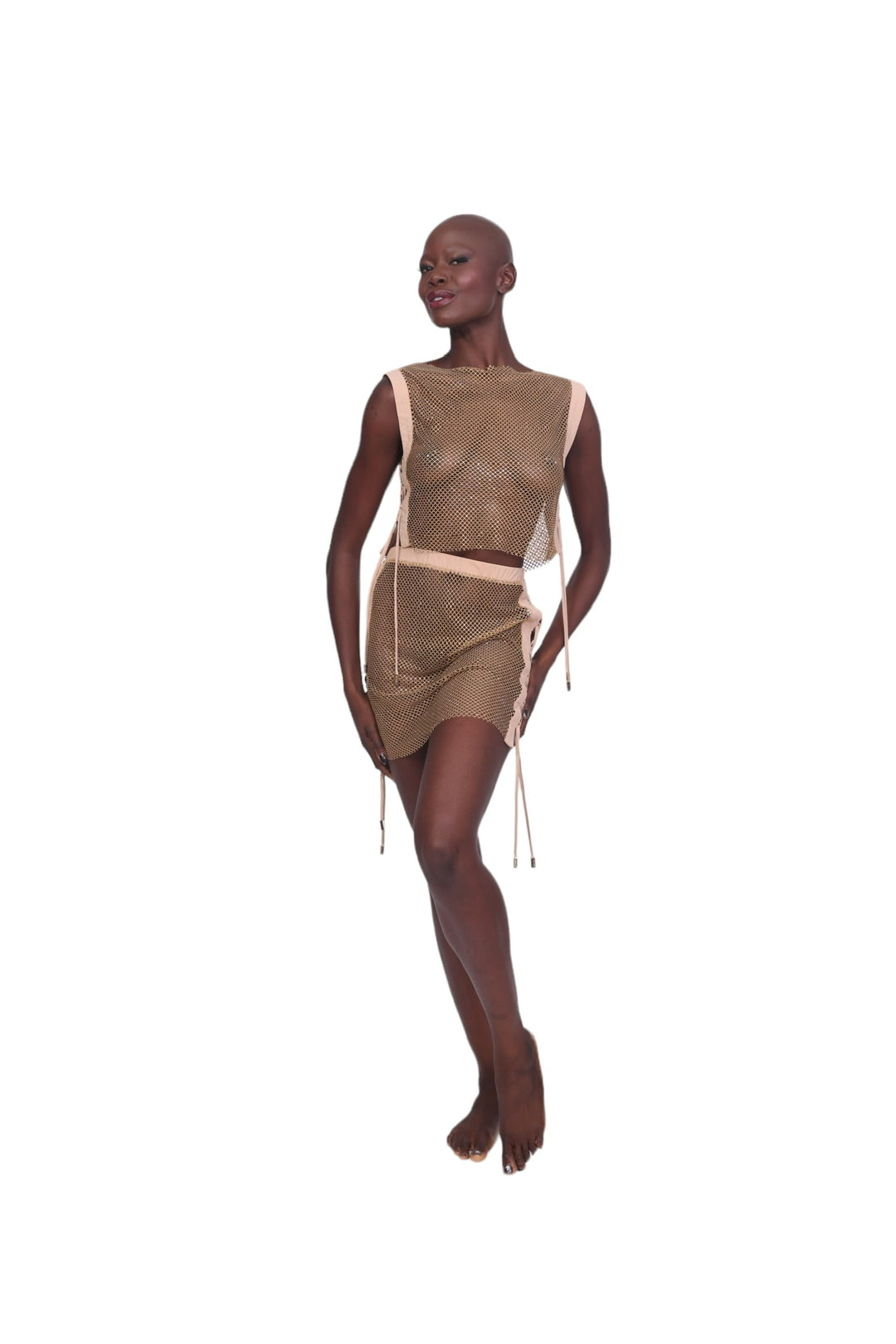 Sparkle Net Tie Crop Top - Nude