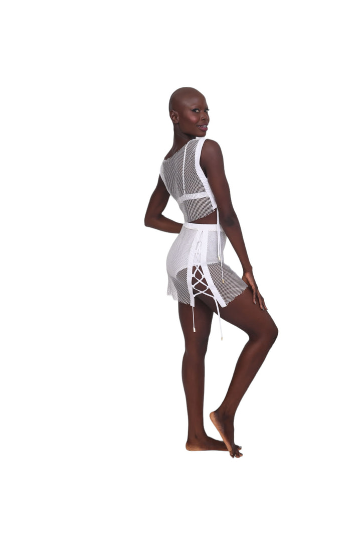 Sparkle Net Tie Crop Top - White