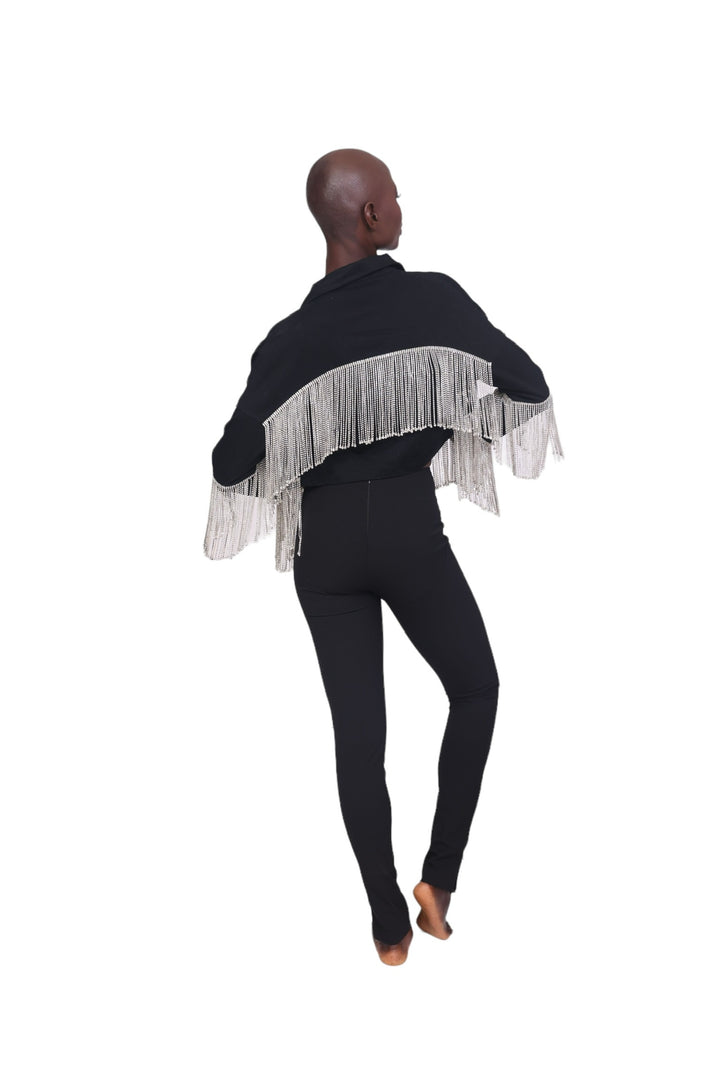 Rhinestone Fringe Cropped Jacket - Black