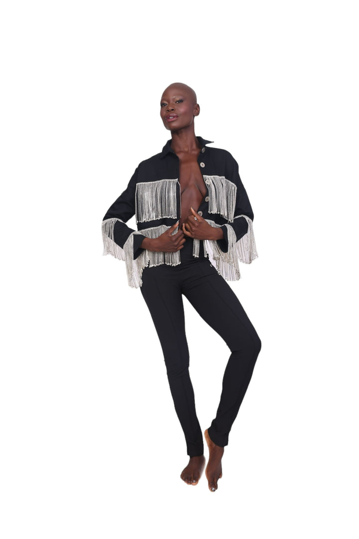 Rhinestone Fringe Cropped Jacket - Black