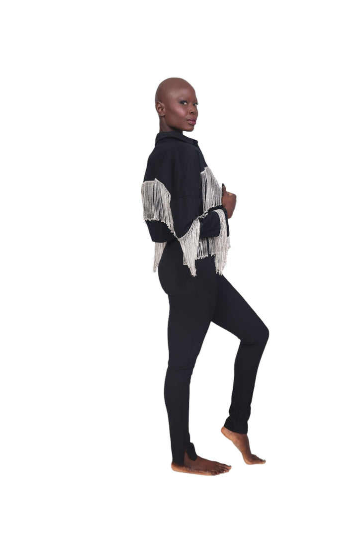 Rhinestone Fringe Cropped Jacket - Black