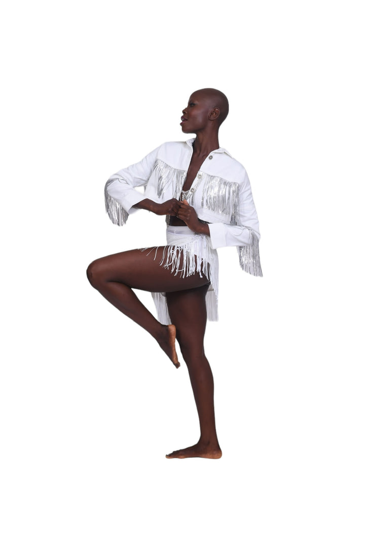Fringe Cropped Jacket - White