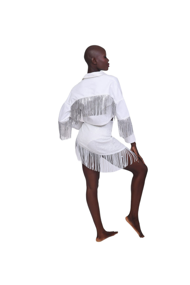Fringe Cropped Jacket - White