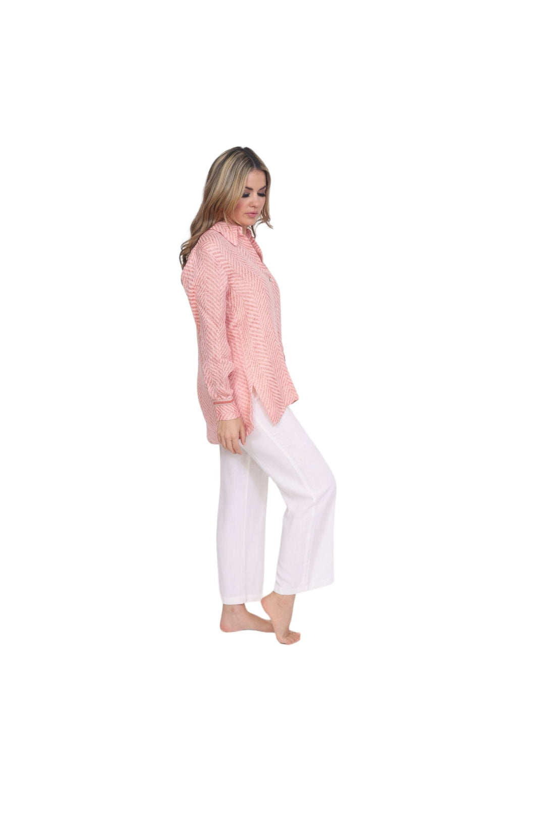Chevron Sparkle Button Up Top - Coral