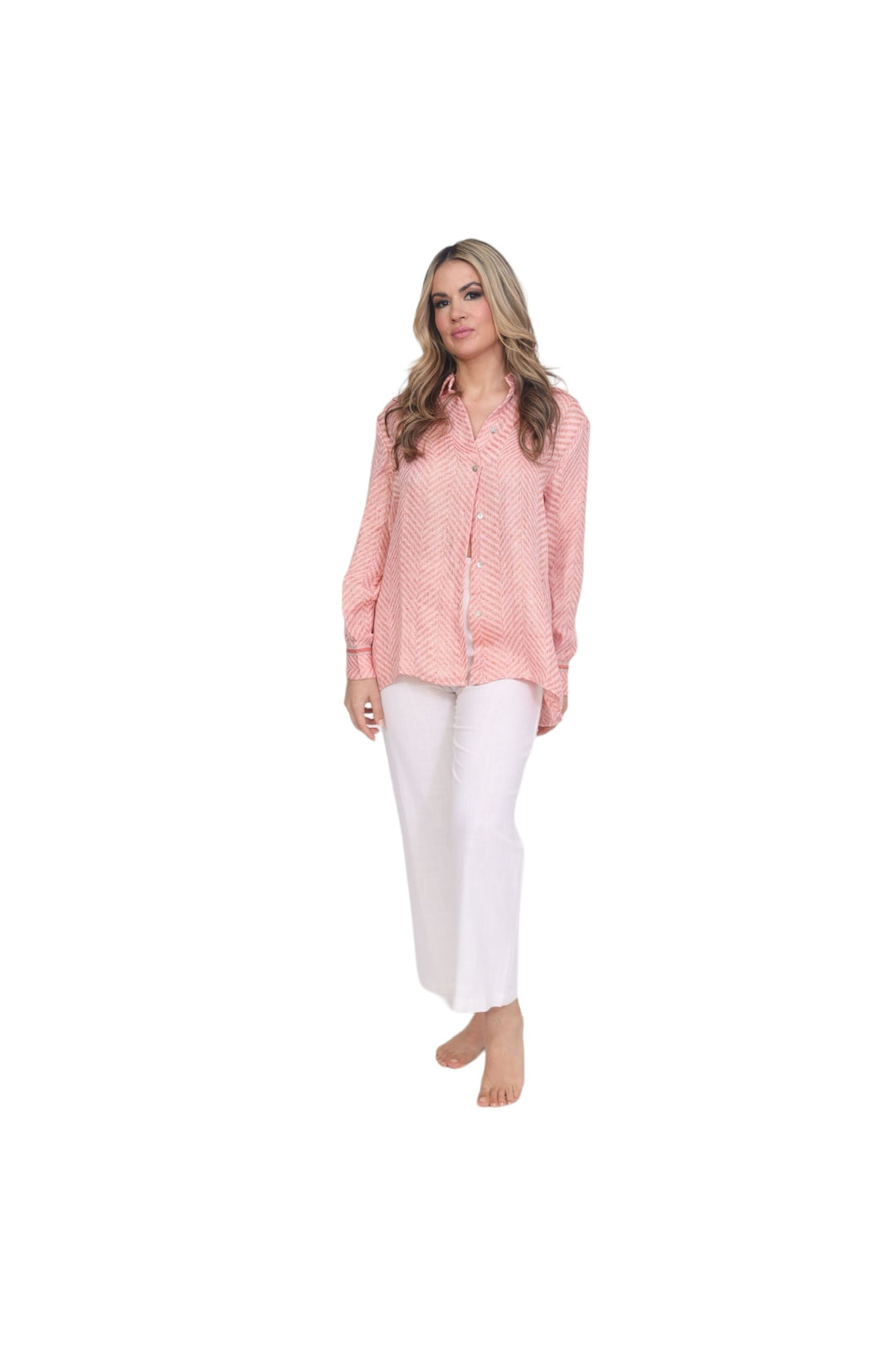Chevron Sparkle Button Up Top - Coral