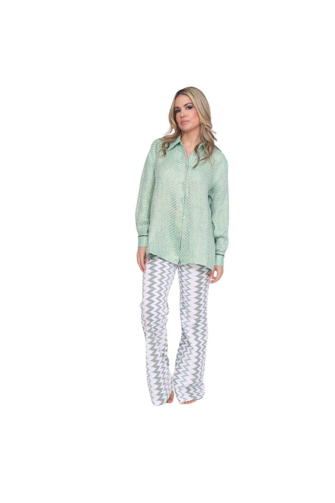 Chevron Sparkle Button Up Top - Green