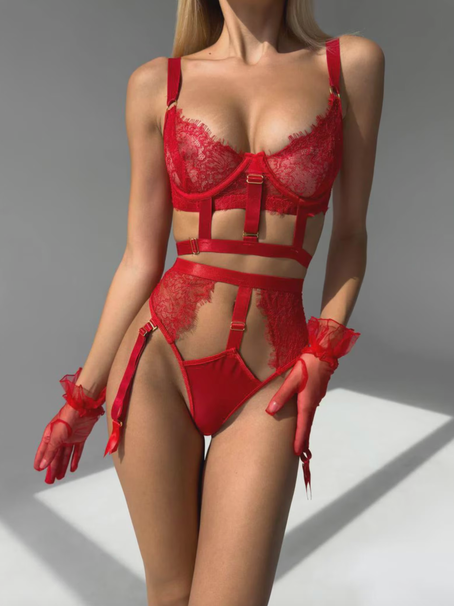 Scarlet Temptation Red Lace Lingerie Set with gloves